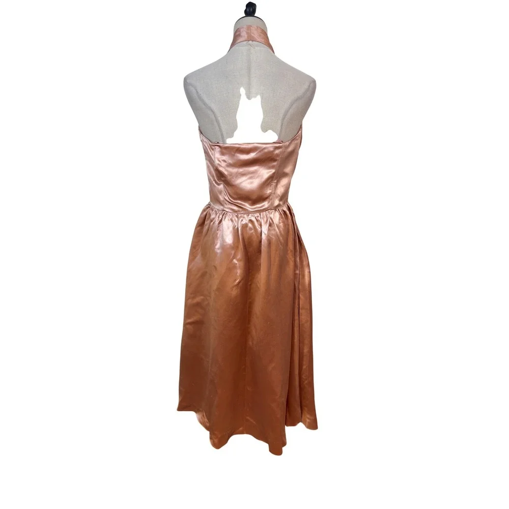 Vtg 50s‎ Slipper Satin Halter Dress Jacket Copper Pockets 2pc Set 28